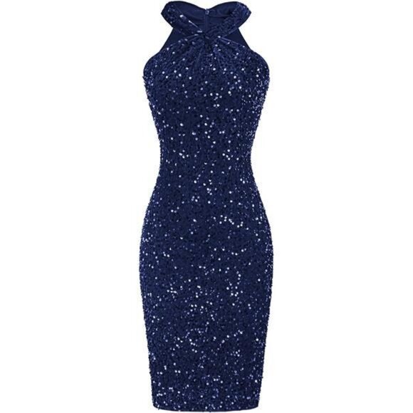 Womens Sequin Dress Sleeveless Sparkly Glitter Halter Dark Blue - Picture 1 of 4